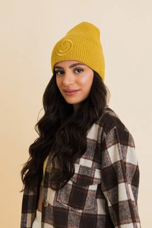 Happy Face Embroidered Ribbed Knit Beanie Leto Accessories