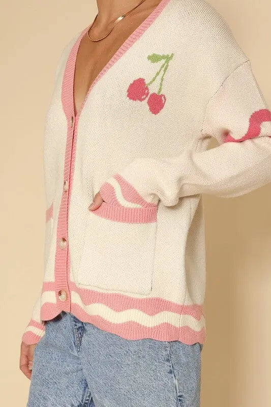 Heart Cherry Varsity Cardigan Cherry sweater cardigan Miss Sparkling CREAM MULTI S