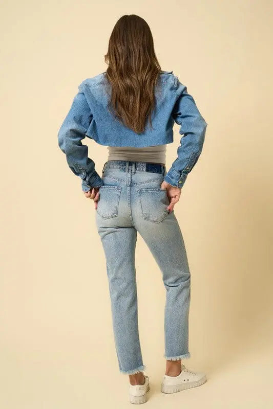 High Rise Frayed Hem Straight Jeans Denim Lab USA