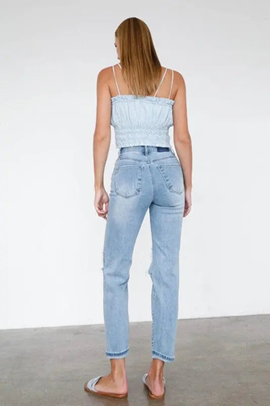 High Waist Destroyed Hem Boyfriend Jeans Denim Lab USA