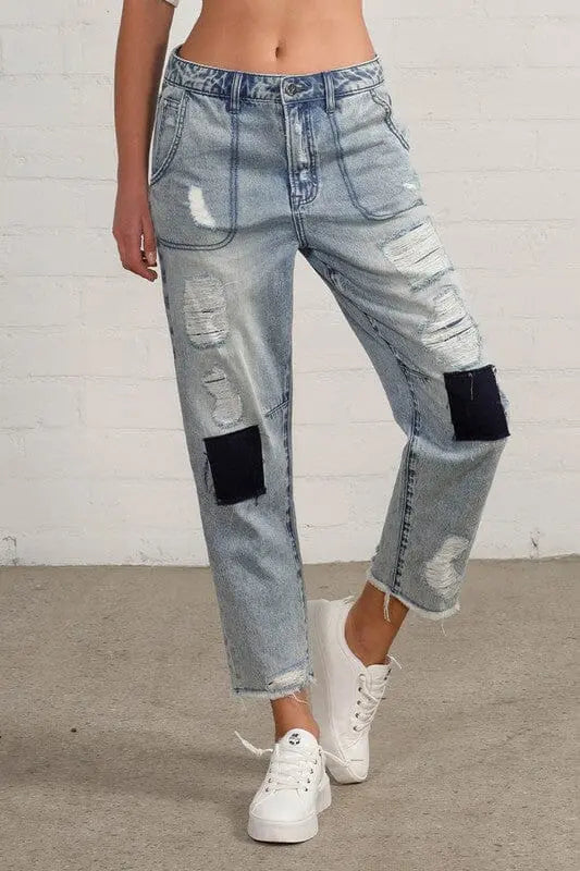 Insane Gene Slouchy Raw Hem Patch Jeans patch work jeans Insane Gene