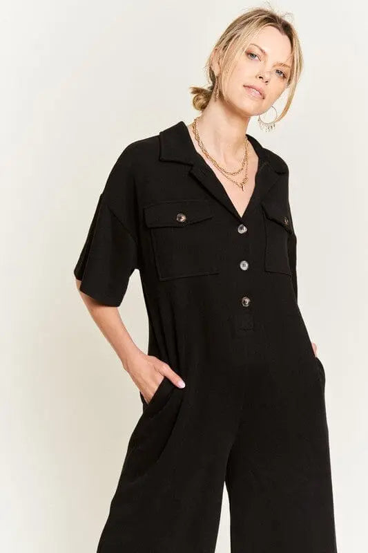Jade By Jane Collar Shirt Wide leg Jumpsuit lounge jumpsuit Jade By Jane BLACK S