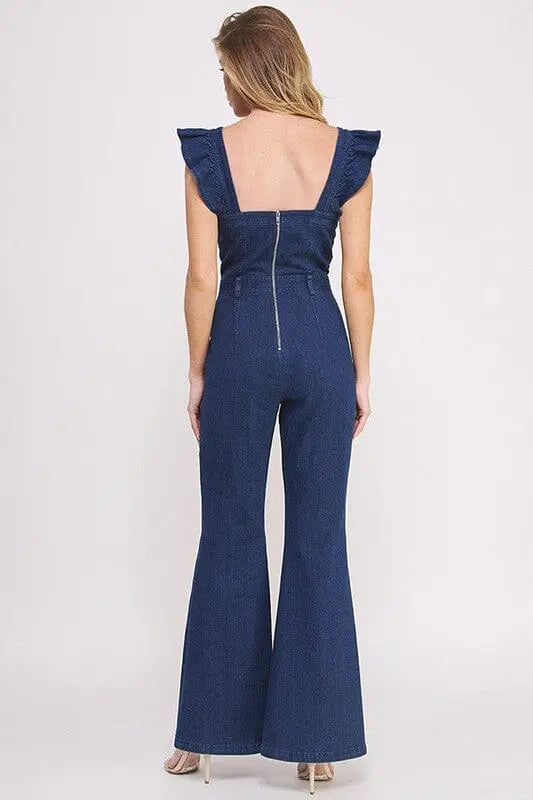 Jade By Jane Denim Ruffle Flare Leg Jumpsuit denim jumpsuit Jade By Jane