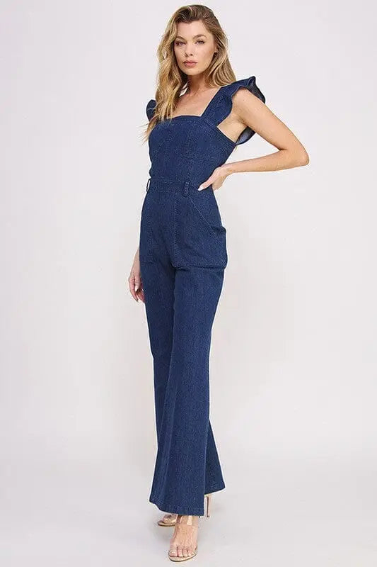 Jade By Jane Denim Ruffle Flare Leg Jumpsuit denim jumpsuit Jade By Jane