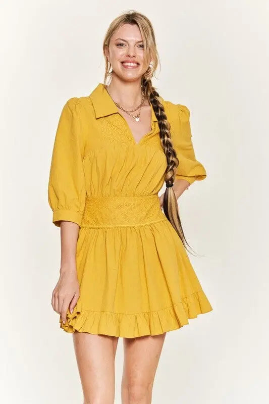 Jade By Jane Eyelet 3/4 Sleeve Mini Dress 3/4 sleeve ruffle dress Jade By Jane MUSTARD S