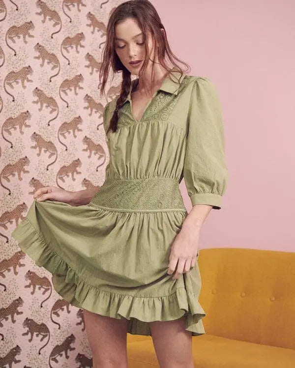 Jade By Jane Eyelet 3/4 Sleeve Mini Dress 3/4 sleeve ruffle dress Jade By Jane SAGE S