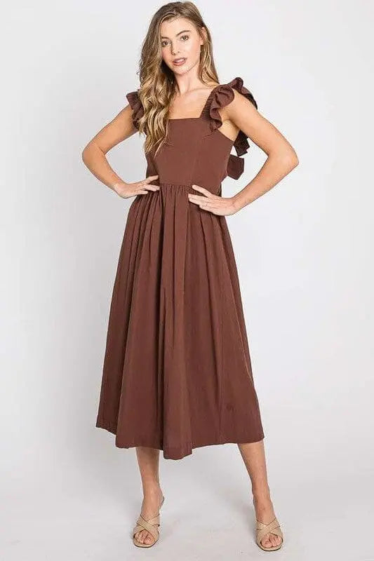 Jade By Jane Linen Ruffle Midi Dress linen cut out dress Jade By Jane MOCHA S
