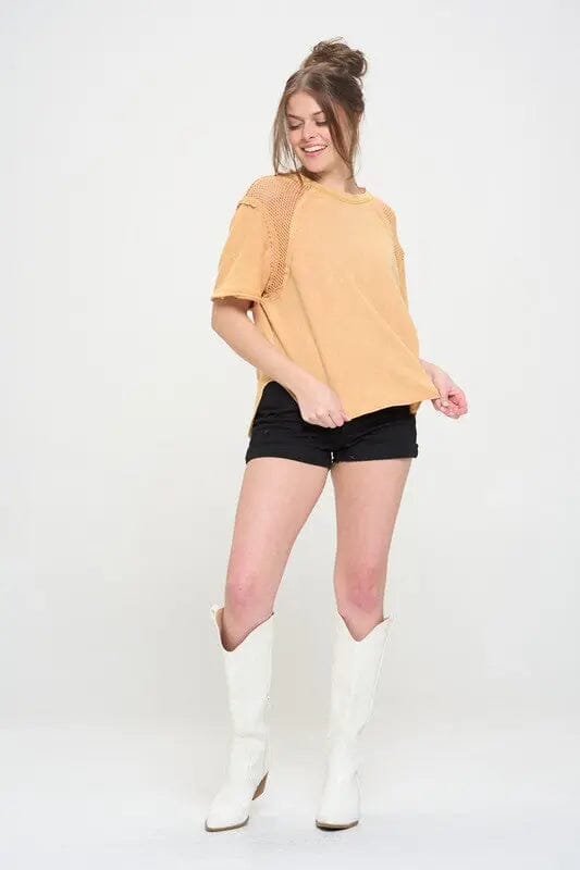 Jade By Jane Mineral Washed Fishnet Shoulder Top Short sleeve fishnet shoulder top Jade By Jane