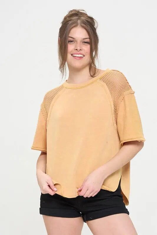 Jade By Jane Mineral Washed Fishnet Shoulder Top Short sleeve fishnet shoulder top Jade By Jane