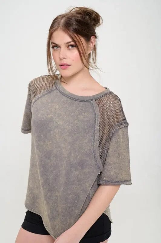 Jade By Jane Mineral Washed Fishnet Shoulder Top Short sleeve fishnet shoulder top Jade By Jane