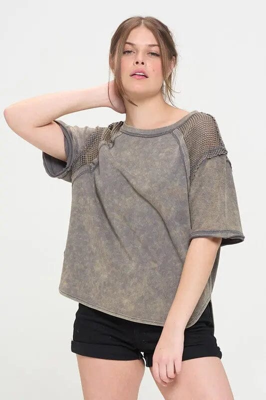 Jade By Jane Mineral Washed Fishnet Shoulder Top Short sleeve fishnet shoulder top Jade By Jane CHARCOAL S