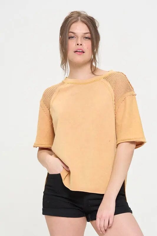 Jade By Jane Mineral Washed Fishnet Shoulder Top Short sleeve fishnet shoulder top Jade By Jane PEACH S