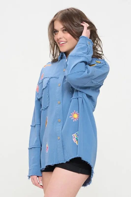 Jade By Jane Patchwork Frayed Hem Shirt Frayed hem patchwork button down shirt Jade By Jane
