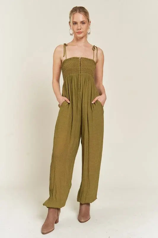 Jade By Jane Smocked Tie Strap Jumpsuit smocked jumpsuit Jade By Jane