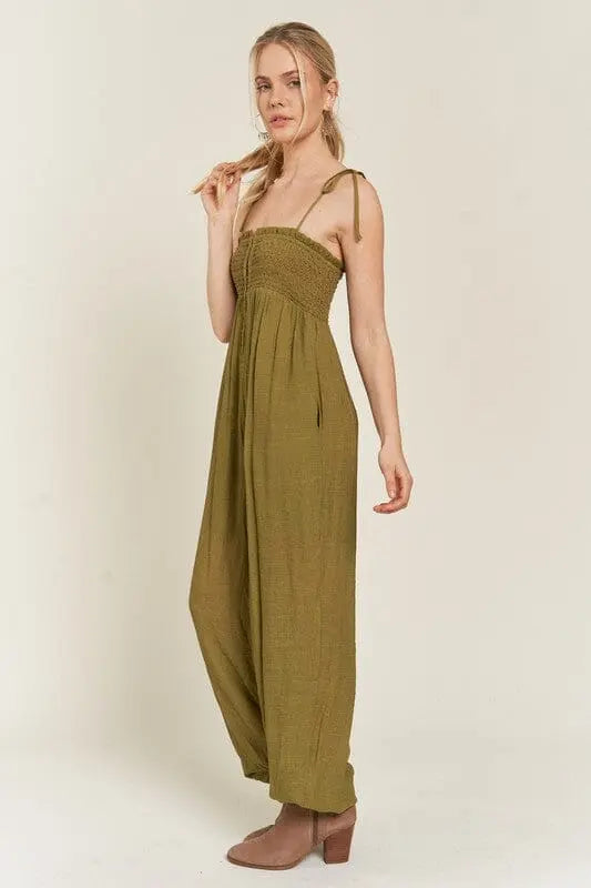 Jade By Jane Smocked Tie Strap Jumpsuit smocked jumpsuit Jade By Jane
