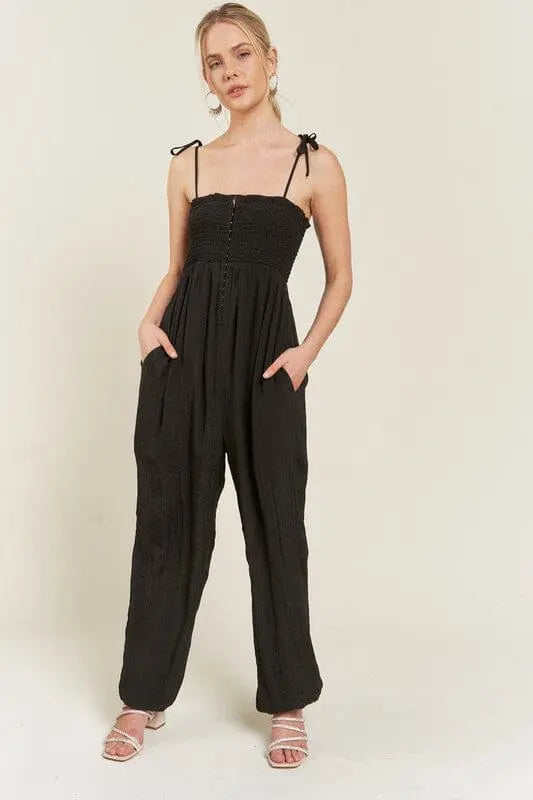 Jade By Jane Smocked Tie Strap Jumpsuit smocked jumpsuit Jade By Jane BLACK S