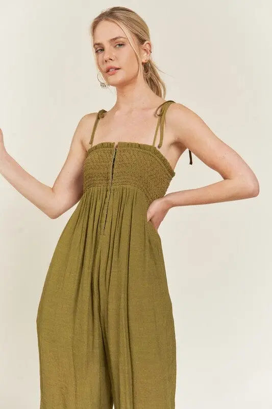 Jade By Jane Smocked Tie Strap Jumpsuit smocked jumpsuit Jade By Jane OLIVE S