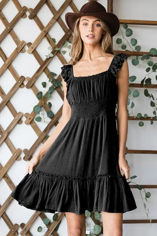 Jade By Jane Smocked Waist Dress smocked waist ruffle dress Jade By Jane BLACK S