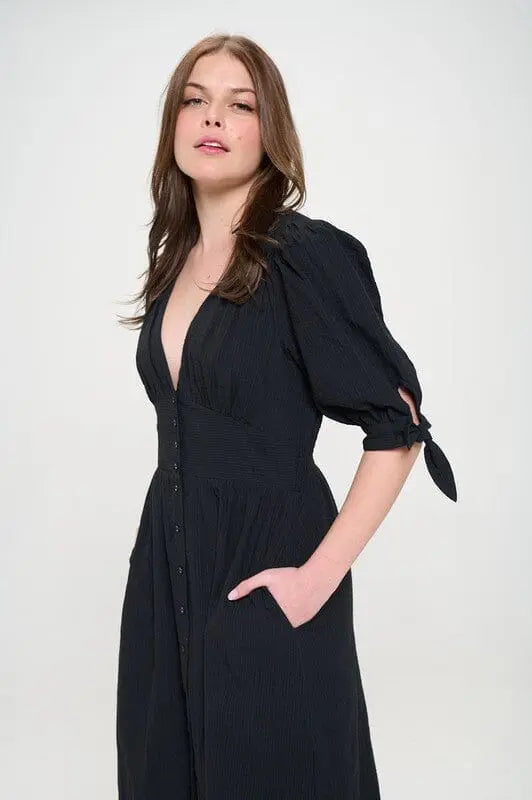 Jade By Jane Textured Button Down Midi Dress midi dress Jade By Jane BLACK S