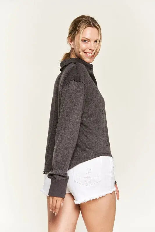 Jade By Jane V-Neck High Low Top collared long sleeve top Jade By Jane
