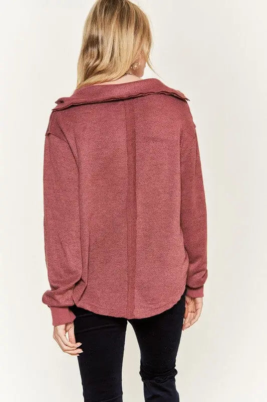 Jade By Jane V-Neck High Low Top collared long sleeve top Jade By Jane