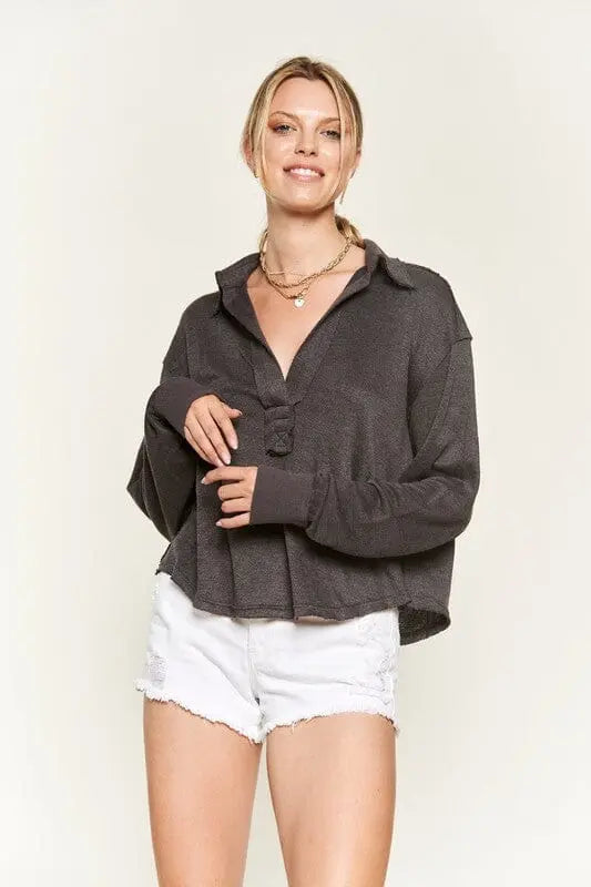 Jade By Jane V-Neck High Low Top collared long sleeve top Jade By Jane CHARCOAL S