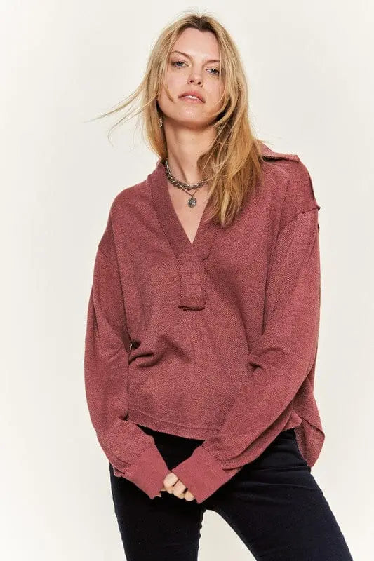 Jade By Jane V-Neck High Low Top collared long sleeve top Jade By Jane TERRACOTTA S
