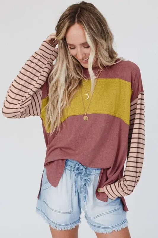 Lantern Sleeve Striped Color Block Tunic color block striped shirt Poet Street Boutique