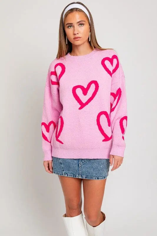 Le Lis Two Tone Pink Heart Sweater heart sweater LE LIS PINK-FUCHSIA HEART XS