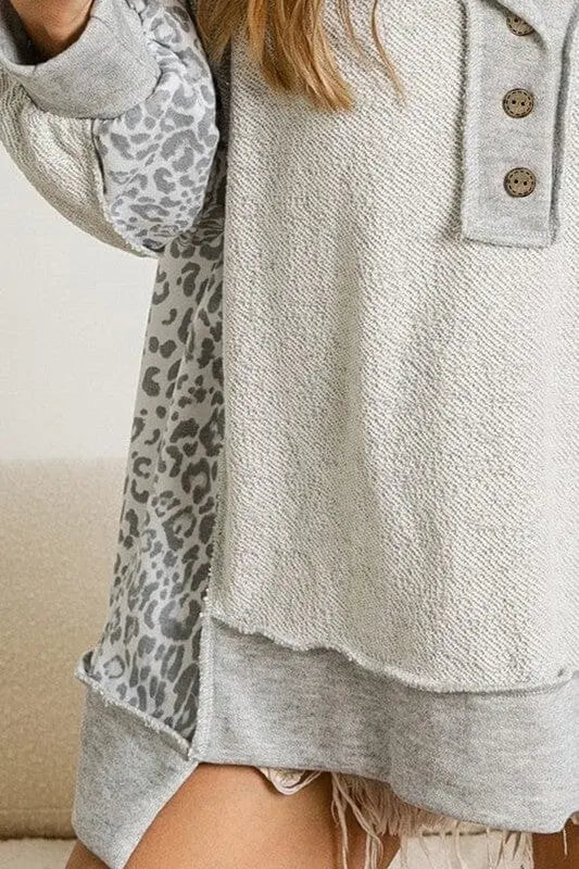 Leopard henry terry sweatshirt heather grey EG fashion