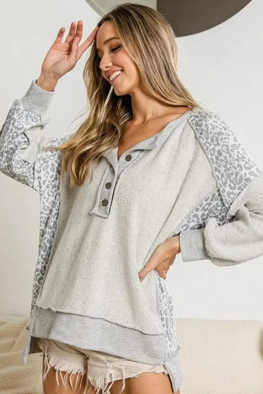 Leopard henry terry sweatshirt heather grey EG fashion Grey S