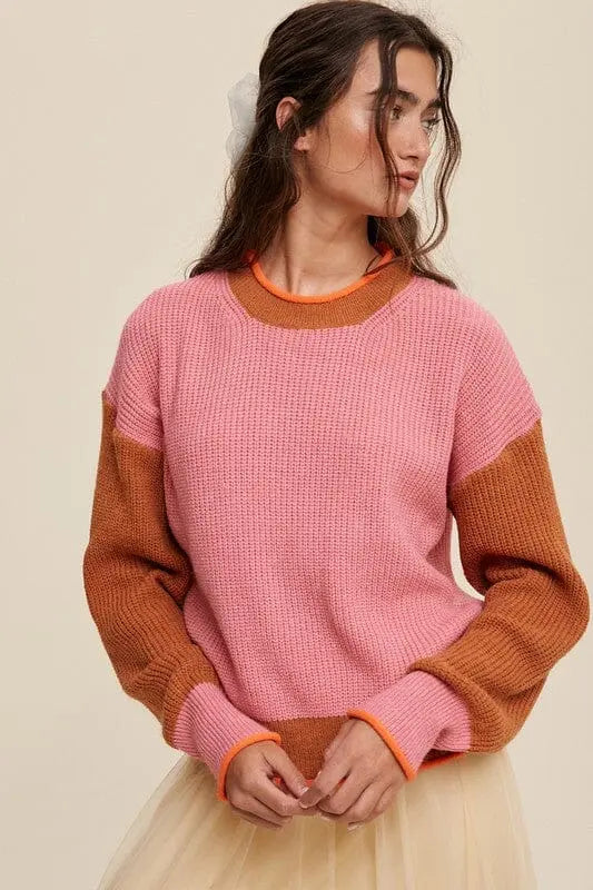 Listicle Color Block Ribbed Knit Sweater color block sweater Listicle Pink S