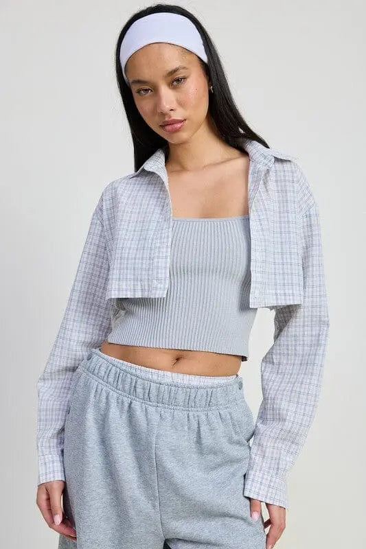 LONG SLEEVE COLLARED BUTTON UP SHIRT Emory Park FLANNEL GREY COMBO S