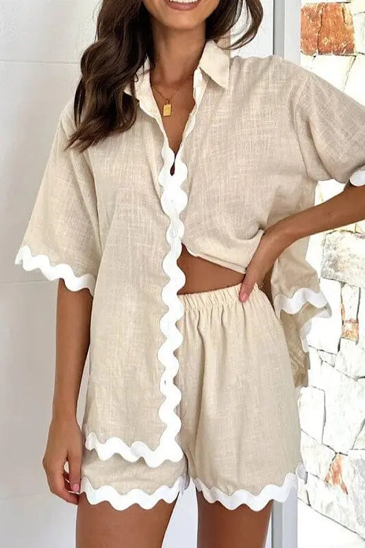 Miss Sparkling Wavy Hem 3 Piece Short Set 3 piece short set Miss Sparkling Apricot S