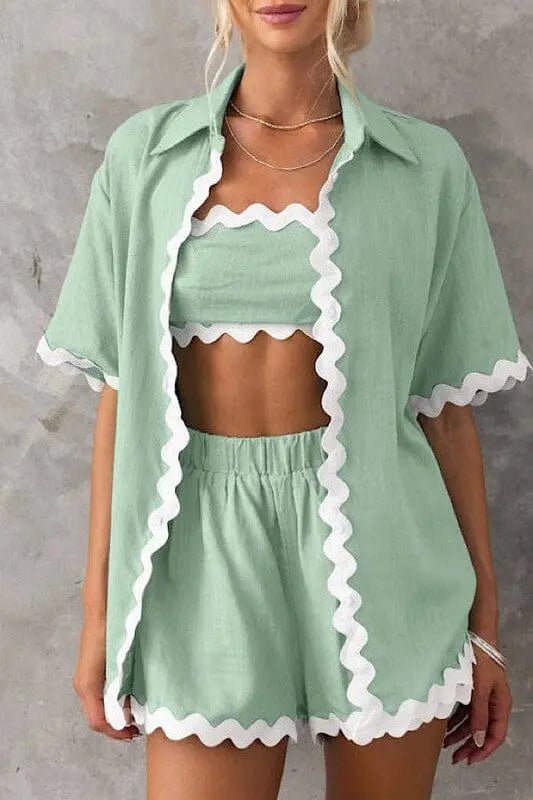 Miss Sparkling Wavy Hem 3 Piece Short Set 3 piece short set Miss Sparkling Sage S
