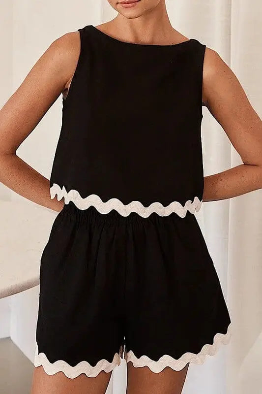 Miss Sparkling Wavy Hem Tank + Short Set tank and short set Miss Sparkling Black S