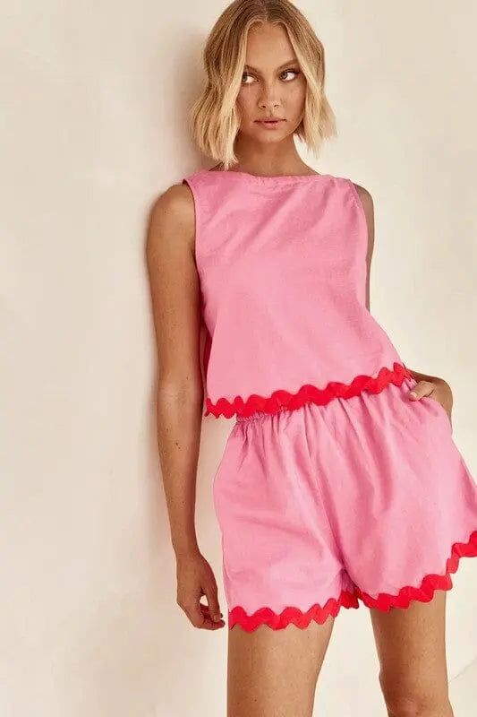 Miss Sparkling Wavy Hem Tank + Short Set tank and short set Miss Sparkling Pink S