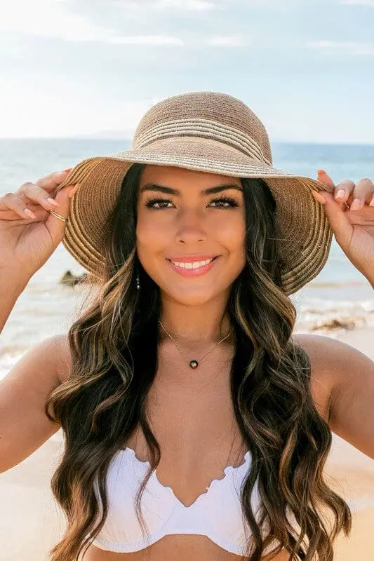 Multi-Stripe Bow Accent Sun Hat raffia bow hat Poet Street Boutique Mocha OneSize