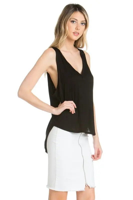 O2 Cotton High Low V-Neck Open Side Tank low side tank O2 Denim