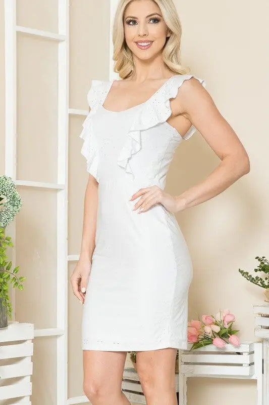 Orange Farm Eyelet Ruffle Sleeve Dress eyelet midi dress Orange Farm Clothing WHITE XS