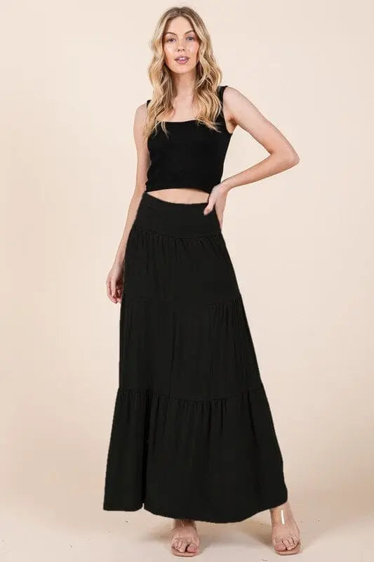 Orange Farm Solid Tiered Ruffle Skirt tiered maxi skirt Orange Farm Clothing BLACK S