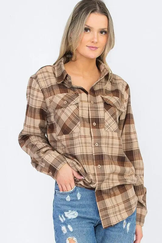 Oversized Checker Plaid Flannel Long Sleeve WEIV BROWN KHAKI S