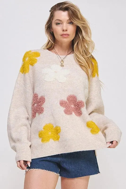 OVERSIZED LONG SLEEVE FLORAL GRAPHIC KNIT SWEATER Jade By Jane