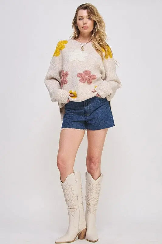 OVERSIZED LONG SLEEVE FLORAL GRAPHIC KNIT SWEATER Jade By Jane