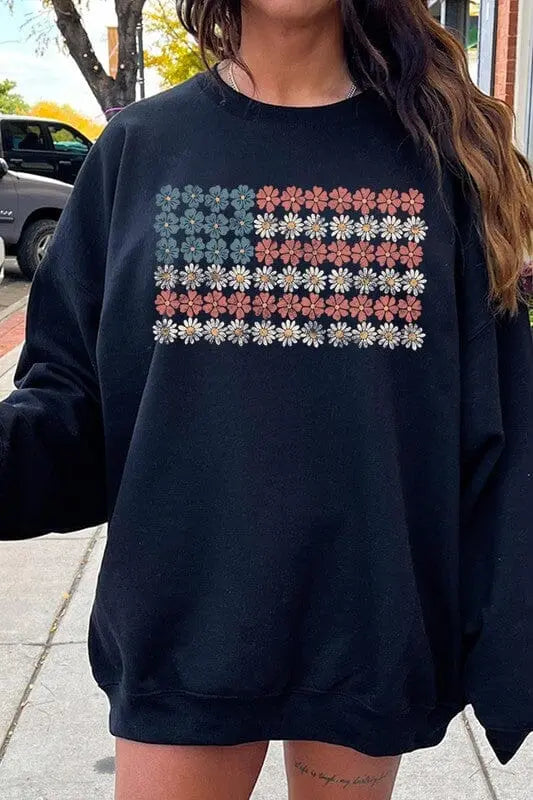 Patriotic Flower Flag Graphic Fleece Sweatshirts graphic usa sweatshirt Poet Street Boutique BLACK S