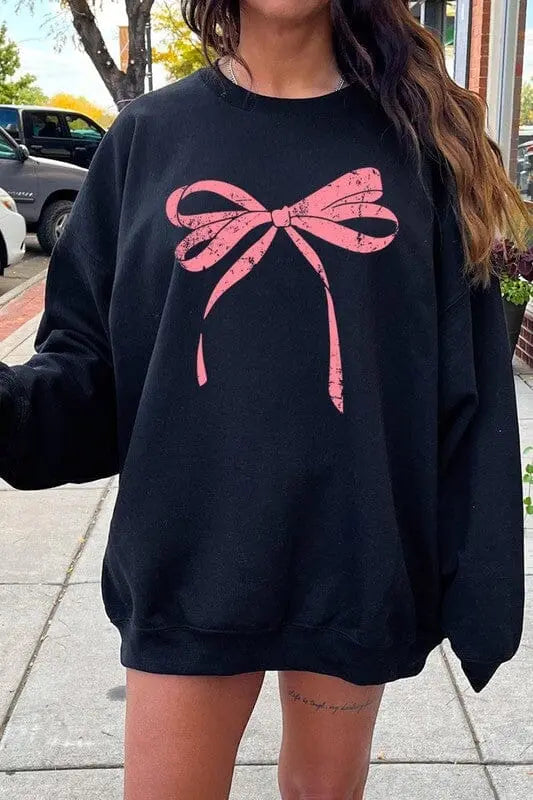 Pink Valentine Bow Graphic Sweatshirt Color Bear BLACK S