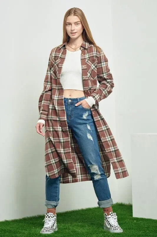 PLAID PRINT COLLAR LONG SHIRT DRESS Jade By Jane