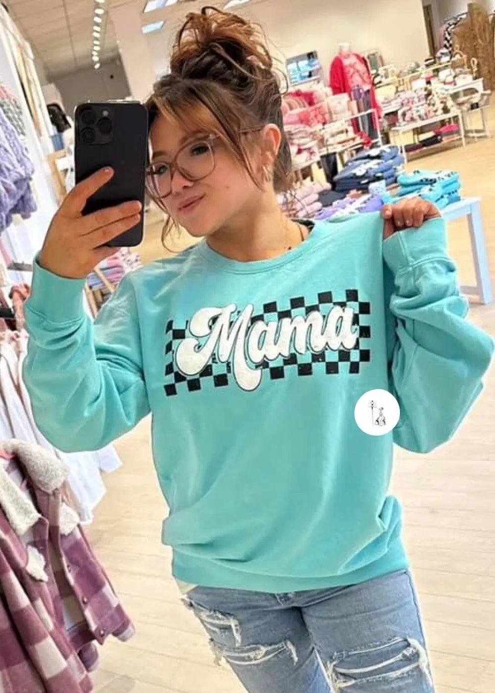 **PRE-ORDER** Checkered Mama Puff Print Sweatshirt Ships 1/24/24 graphic sweatshirt Poet Street Boutique Small Dark Mint