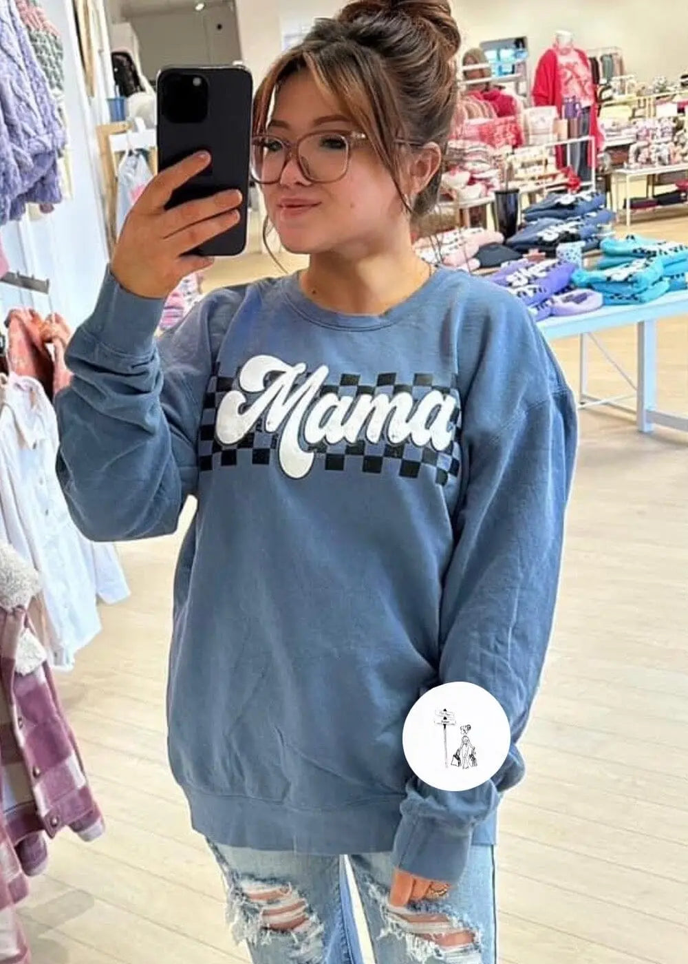 **PRE-ORDER** Checkered Mama Puff Print Sweatshirt Ships 1/24/24 graphic sweatshirt Poet Street Boutique Small Denim