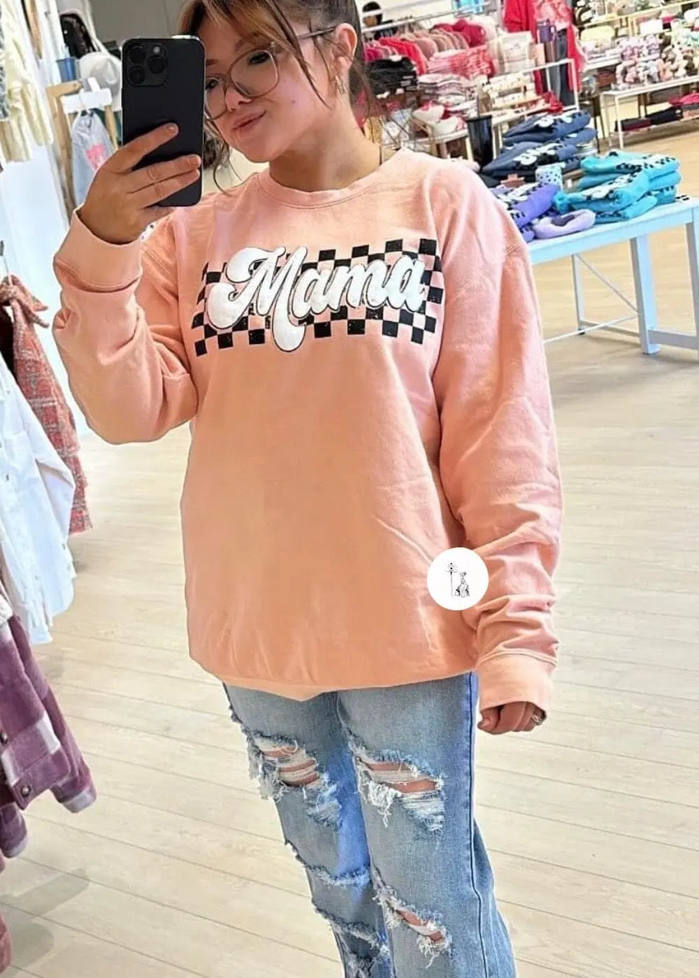 **PRE-ORDER** Checkered Mama Puff Print Sweatshirt Ships 1/24/24 graphic sweatshirt Poet Street Boutique Small Peach